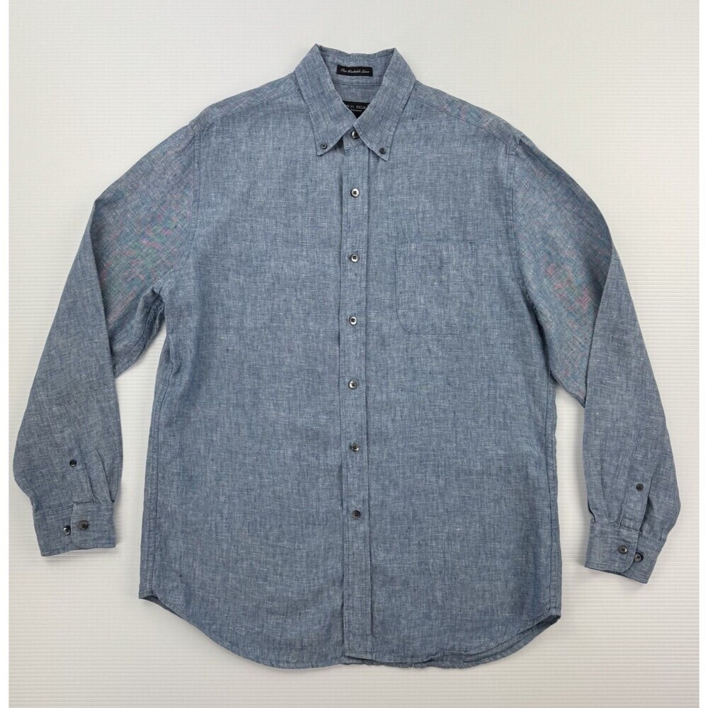 W H Belk Linen Shirt Mens Large Blue Beach Button Down Long Sleeve